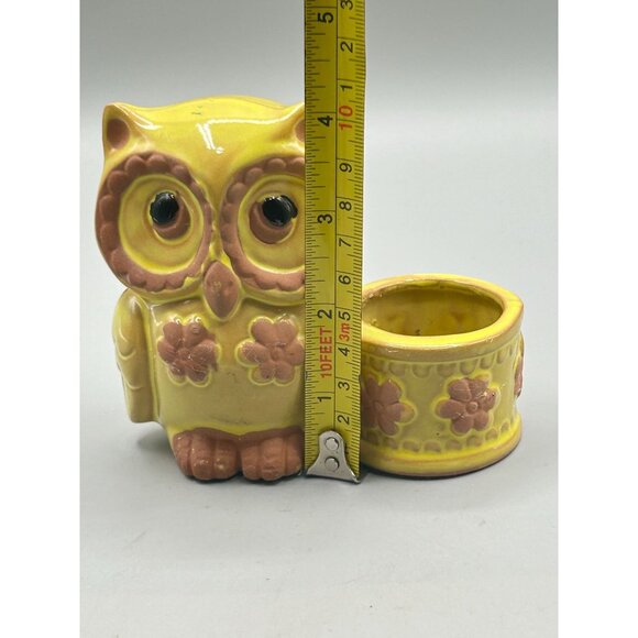 Vintage Small Owl Planter Yellow Glaze Red Clay Pottery Bird Kitsch Home Decor - Picture 8 of 9